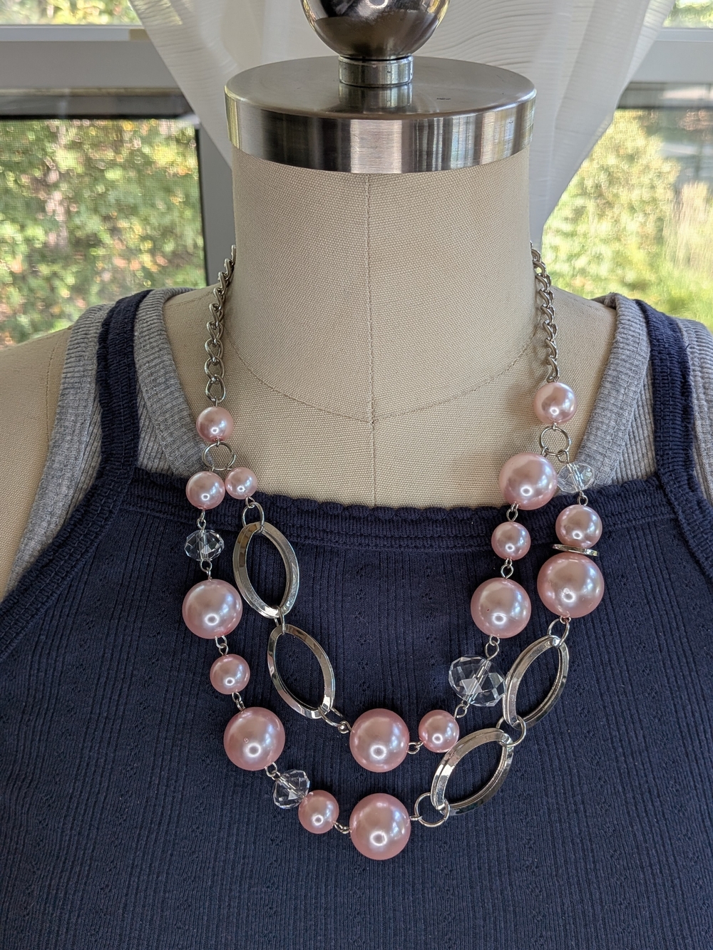 Pink Faux Pearl & Silver Oval Link Double Strand Statement Necklace